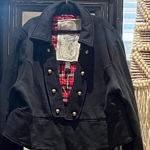 Black Military Style Jacket with Red Plaid Lining! Thick Sweatshirt material!